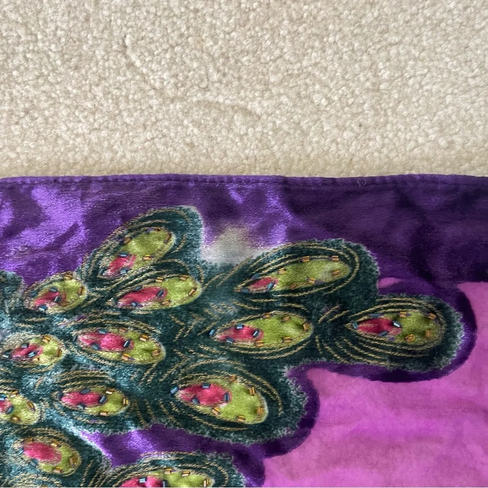 Peacock Velvet Silk Blend Burnout Wrap Scarf Shawl - beaded vintage purple - Picture 12 of 15